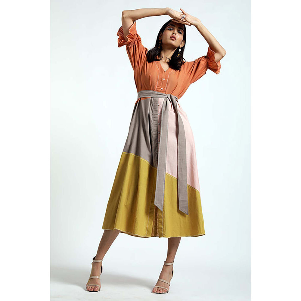 MADDER MUCH Multi-Color Cotton V-Neck Colorblock Midi Dress