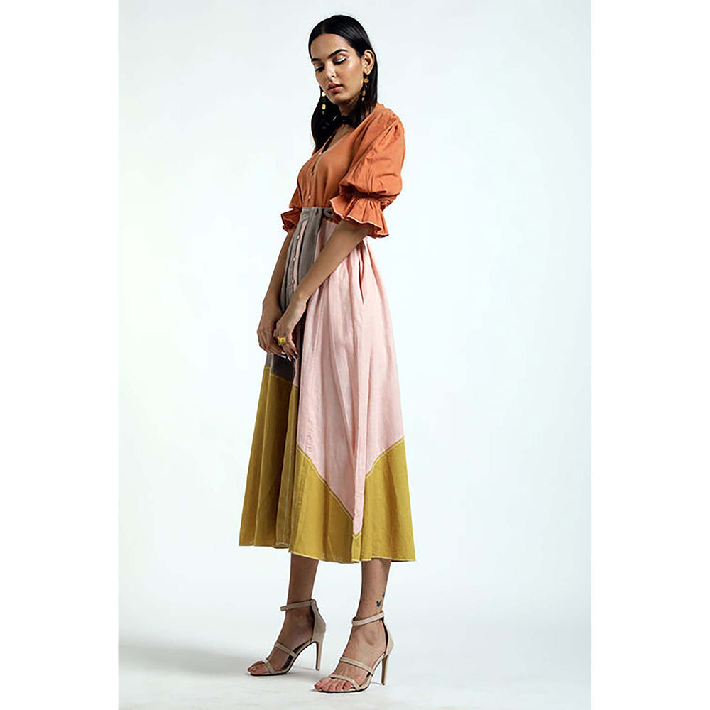 MADDER MUCH Multi-Color Cotton V-Neck Colorblock Midi Dress