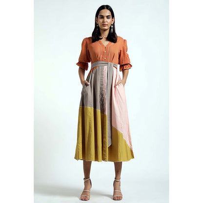 MADDER MUCH Multi-Color Cotton V-Neck Colorblock Midi Dress
