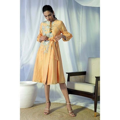 MADDER MUCH Yellow Chanderi Tie Up Neck Floral A-Line Midi Dress