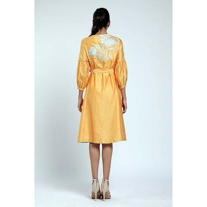 MADDER MUCH Yellow Chanderi Tie Up Neck Floral A-Line Midi Dress