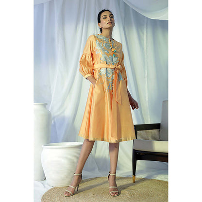 MADDER MUCH Yellow Chanderi Tie Up Neck Floral A-Line Midi Dress