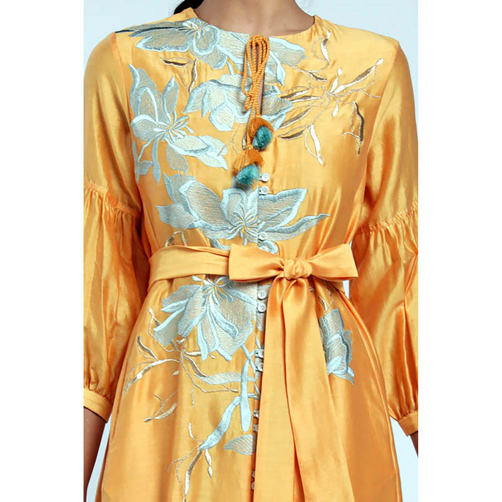 MADDER MUCH Yellow Chanderi Tie Up Neck Floral A-Line Midi Dress