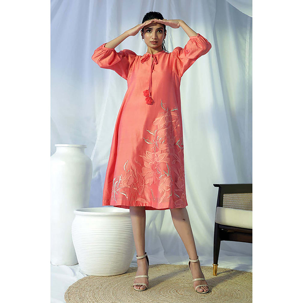 MADDER MUCH Peach Chanderi Tie Up Neck Embroidered A-Line Midi Dress