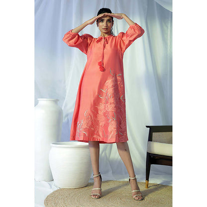 MADDER MUCH Peach Chanderi Tie Up Neck Embroidered A-Line Midi Dress