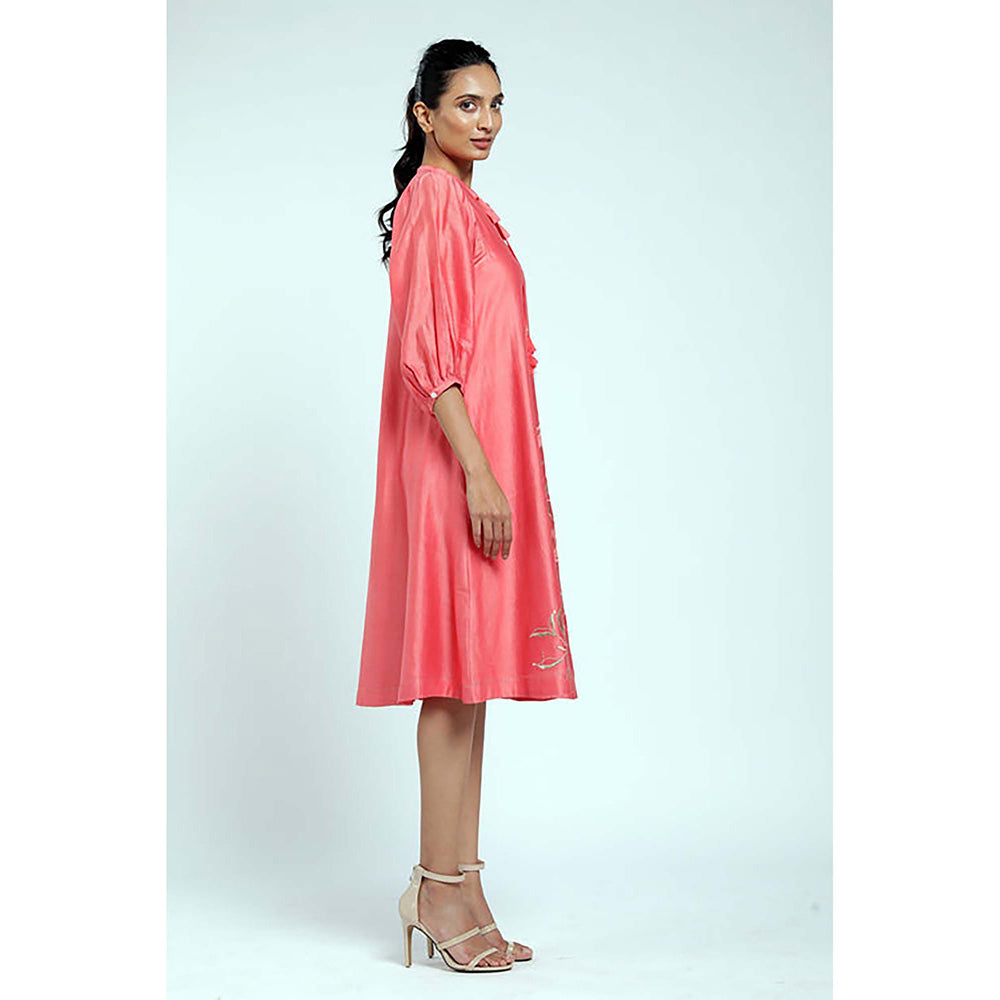MADDER MUCH Peach Chanderi Tie Up Neck Embroidered A-Line Midi Dress