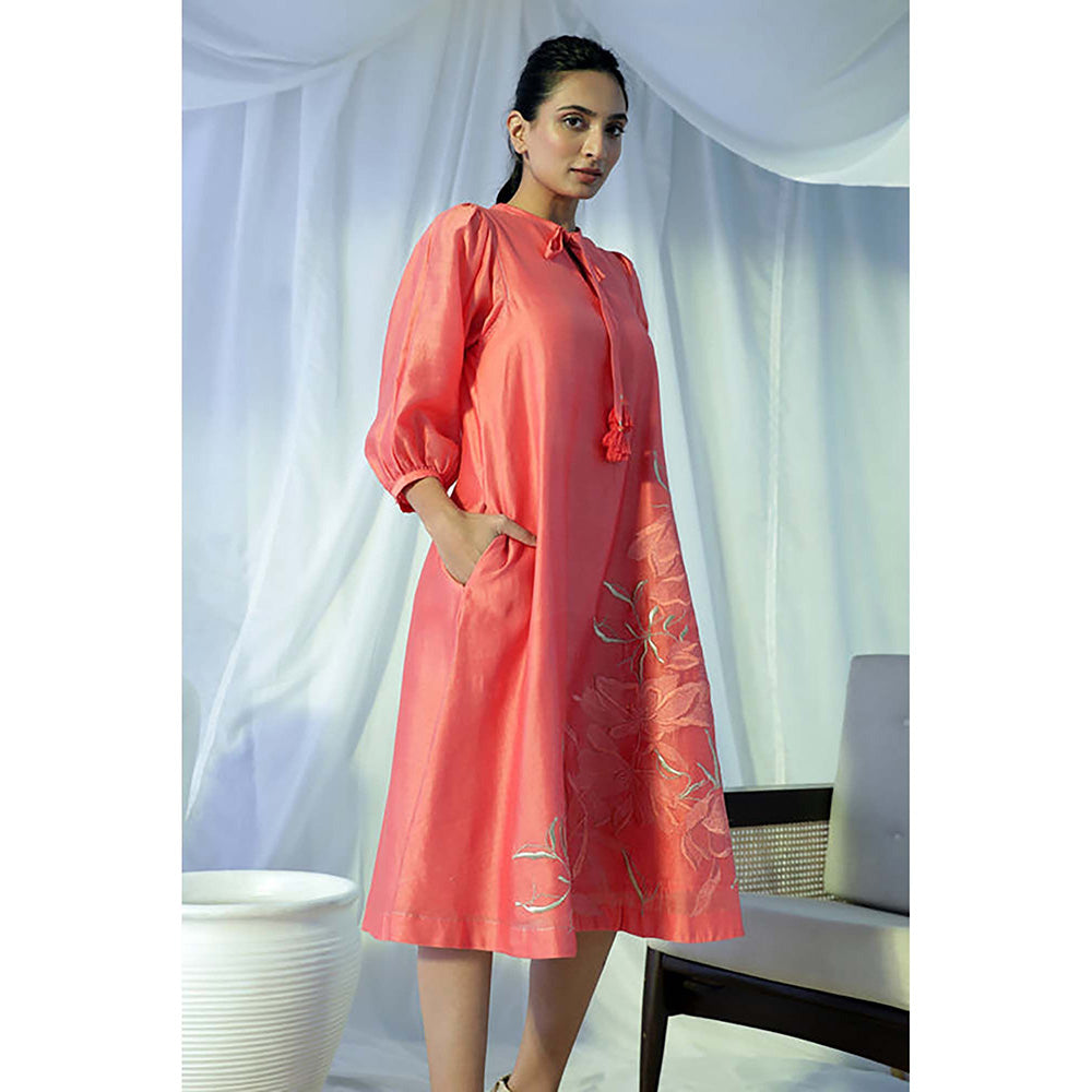 MADDER MUCH Peach Chanderi Tie Up Neck Embroidered A-Line Midi Dress