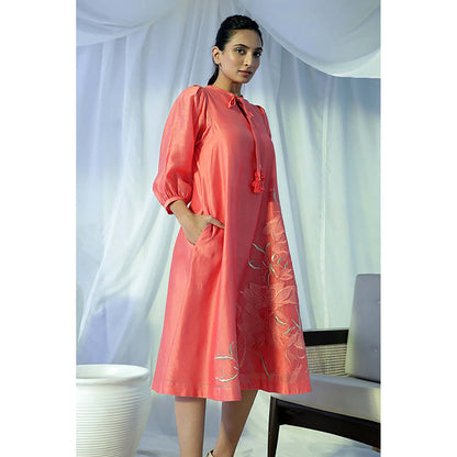 MADDER MUCH Peach Chanderi Tie Up Neck Embroidered A-Line Midi Dress