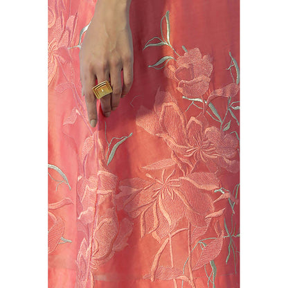 MADDER MUCH Peach Chanderi Tie Up Neck Embroidered A-Line Midi Dress