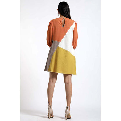 MADDER MUCH Multi-Color Cotton Crew Neck Colorblock A-Line Mini Dress