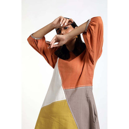 MADDER MUCH Multi-Color Cotton Crew Neck Colorblock A-Line Mini Dress