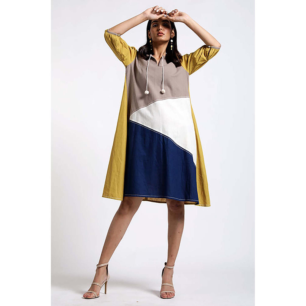MADDER MUCH Multi-Color Cotton Round Neck Colorblock Midi Dress