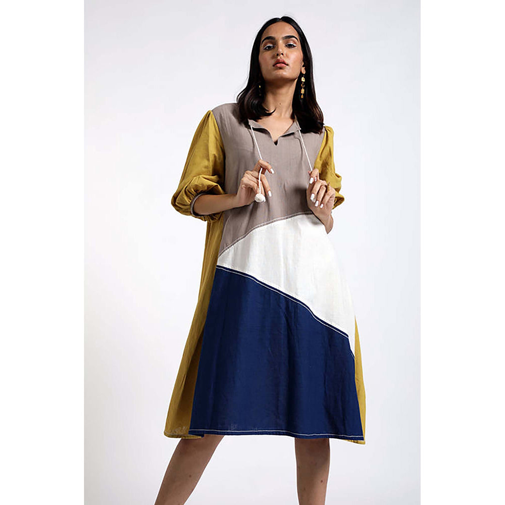 MADDER MUCH Multi-Color Cotton Round Neck Colorblock Midi Dress