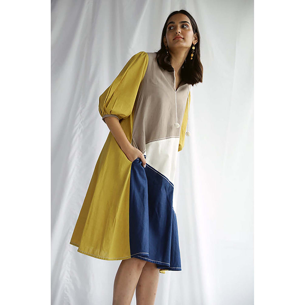 MADDER MUCH Multi-Color Cotton Round Neck Colorblock Midi Dress