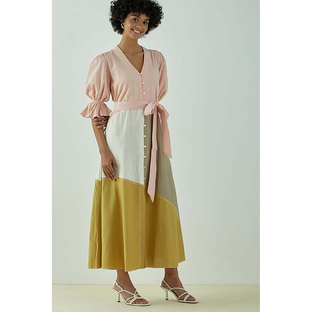 MADDER MUCH Multi-Color Cotton V-Neck Colorblock A-Line Midi Dress