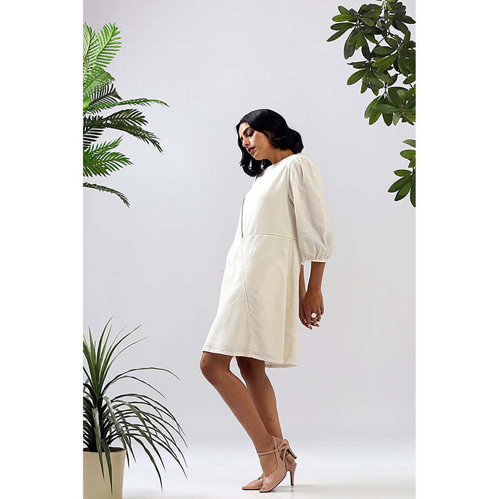 MADDER MUCH White Cotton Crew Neck Solid A-Line Mini Dress