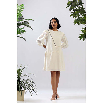 MADDER MUCH White Cotton Crew Neck Solid A-Line Mini Dress