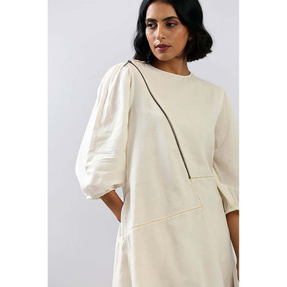 MADDER MUCH White Cotton Crew Neck Solid A-Line Mini Dress
