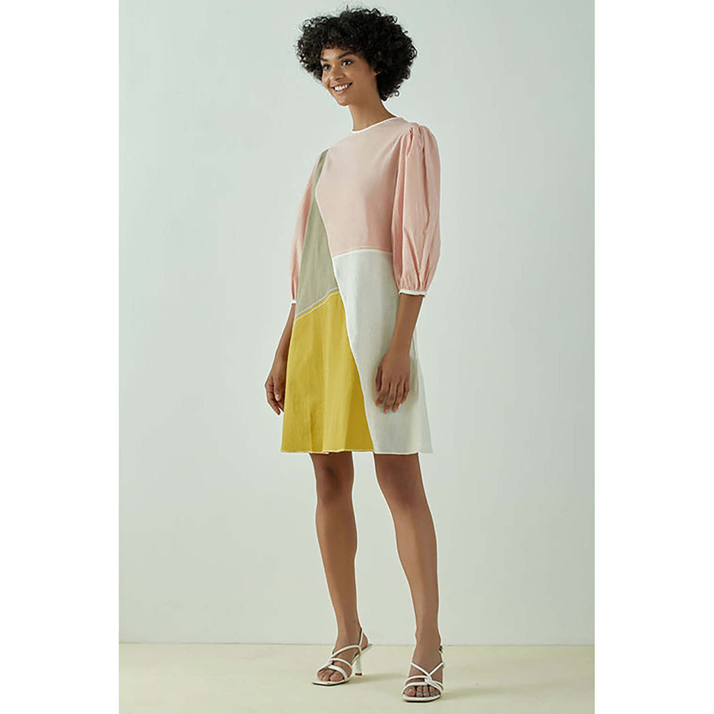 MADDER MUCH Multi-Color Cotton Crew Neck Colorblock A-Line Mini Dress