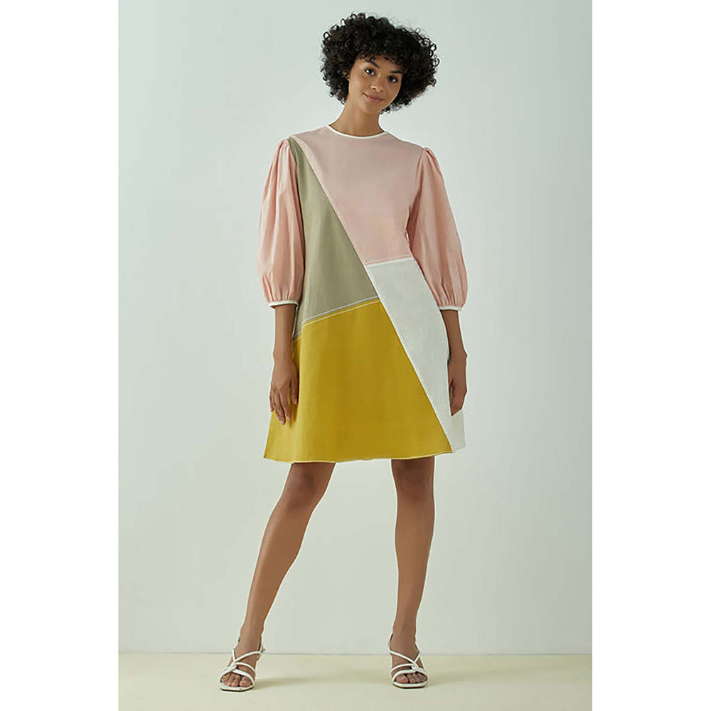 MADDER MUCH Multi-Color Cotton Crew Neck Colorblock A-Line Mini Dress