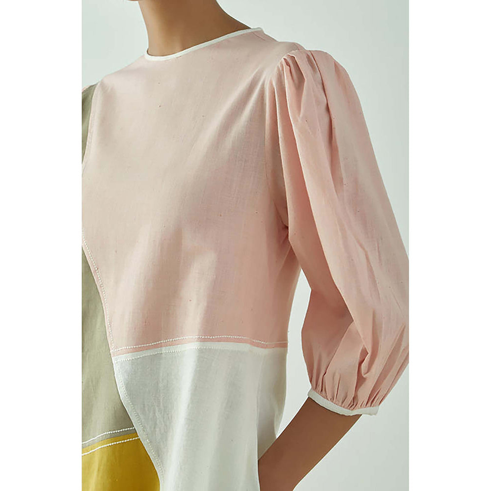 MADDER MUCH Multi-Color Cotton Crew Neck Colorblock A-Line Mini Dress