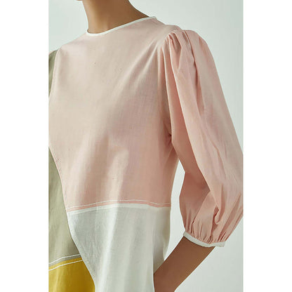 MADDER MUCH Multi-Color Cotton Crew Neck Colorblock A-Line Mini Dress