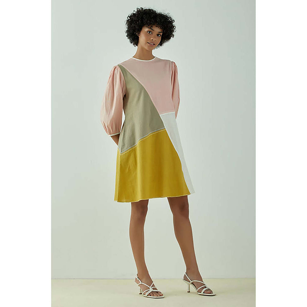 MADDER MUCH Multi-Color Cotton Crew Neck Colorblock A-Line Mini Dress