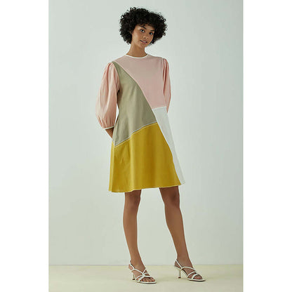 MADDER MUCH Multi-Color Cotton Crew Neck Colorblock A-Line Mini Dress