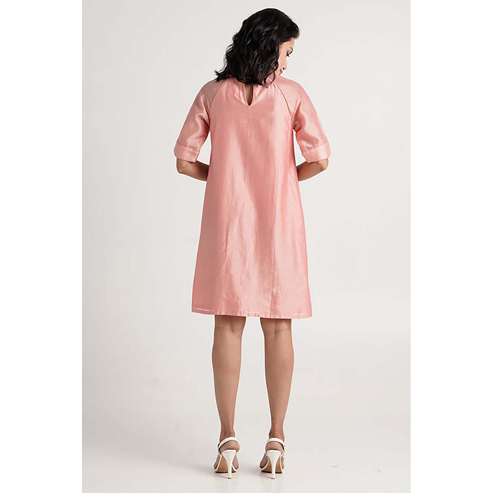 MADDER MUCH Peach Cotton Mandarin Neck Embroidered Knee Length Dress