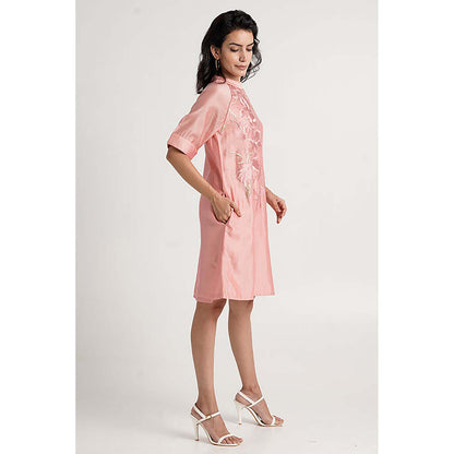 MADDER MUCH Peach Cotton Mandarin Neck Embroidered Knee Length Dress