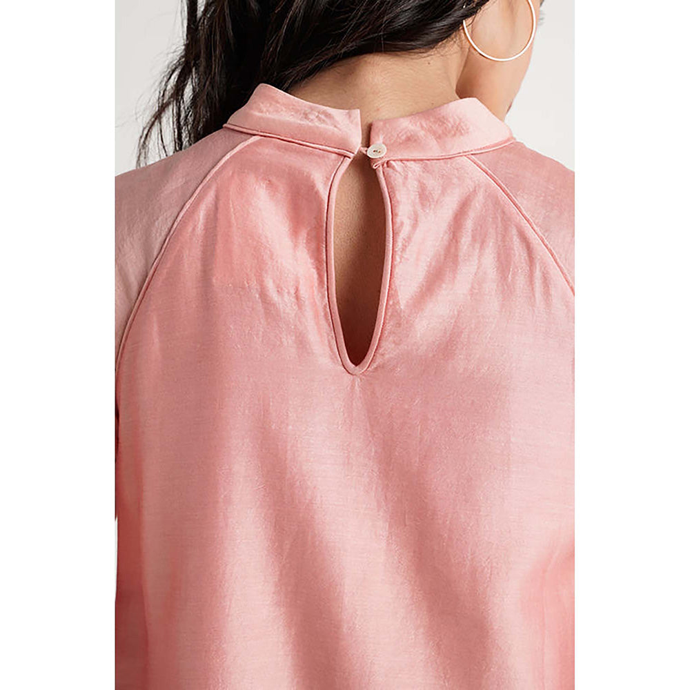 MADDER MUCH Peach Cotton Mandarin Neck Embroidered Knee Length Dress