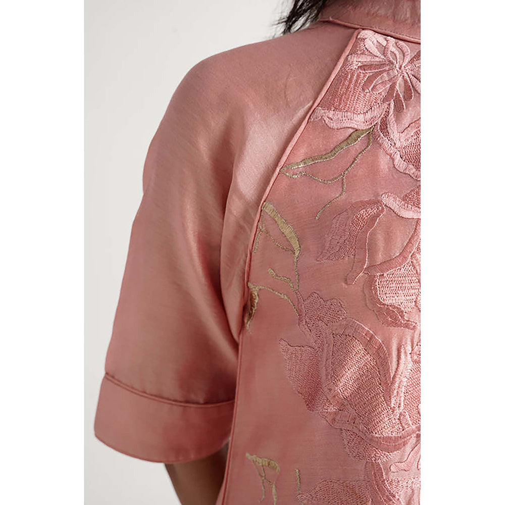 MADDER MUCH Peach Cotton Mandarin Neck Embroidered Knee Length Dress