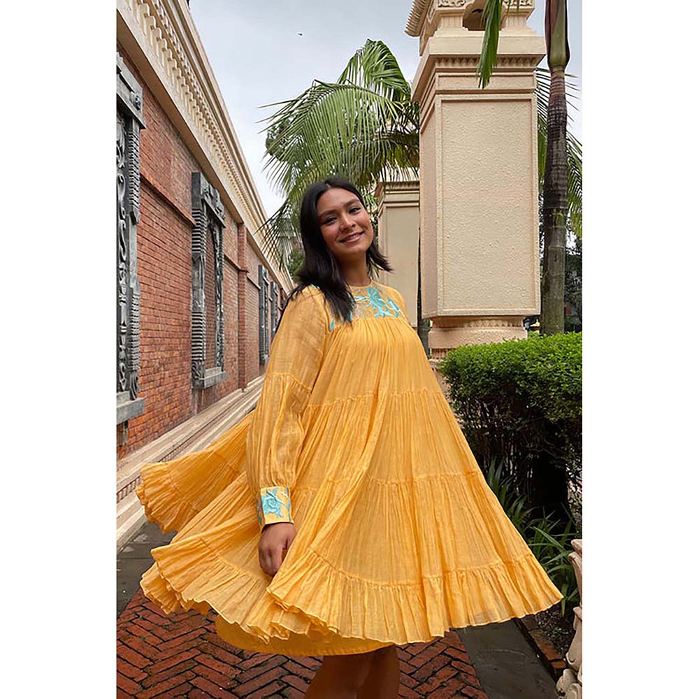 MADDER MUCH Yellow Chanderi Silk Crew Neck Solid Flared Mini Dress