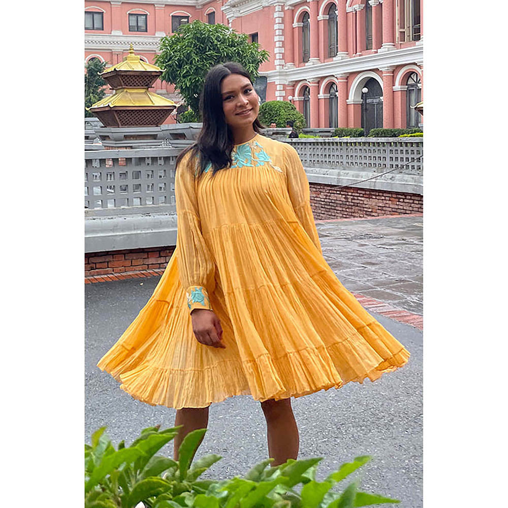 MADDER MUCH Yellow Chanderi Silk Crew Neck Solid Flared Mini Dress