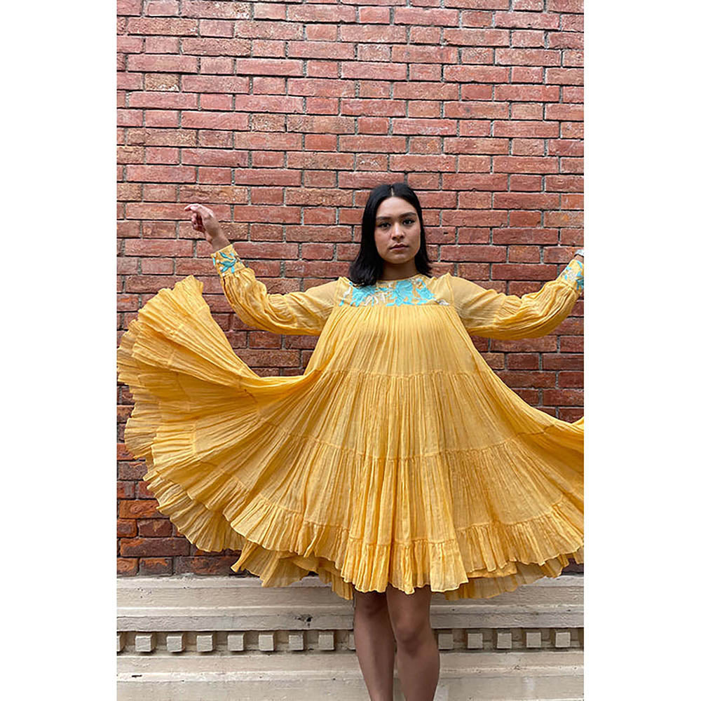MADDER MUCH Yellow Chanderi Silk Crew Neck Solid Flared Mini Dress