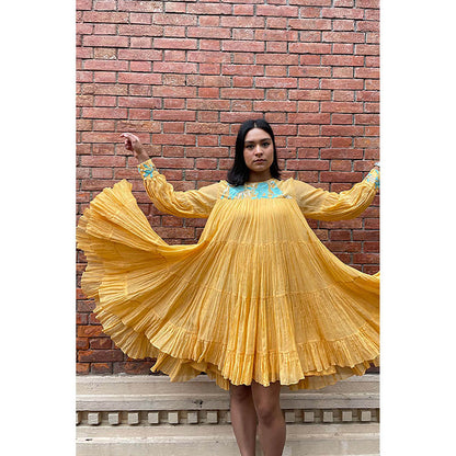 MADDER MUCH Yellow Chanderi Silk Crew Neck Solid Flared Mini Dress