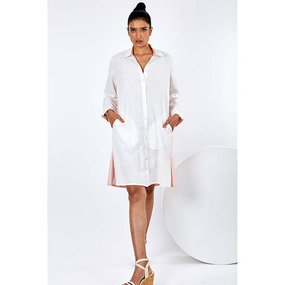 MADDER MUCH White Cotton Collar Neck Solid/Plain Knee Length Dress