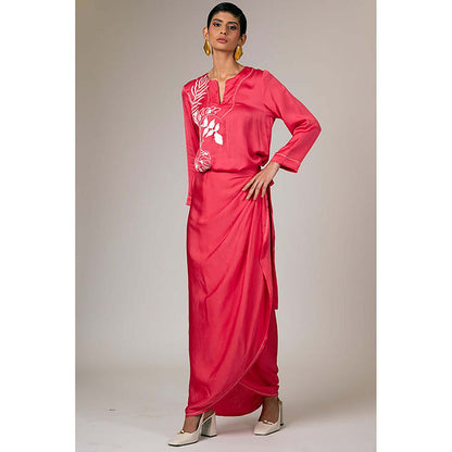 MADDER MUCH Pink Satin V-Neck Embroidered Maxi Dress
