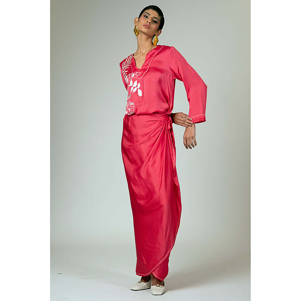 MADDER MUCH Pink Satin V-Neck Embroidered Maxi Dress