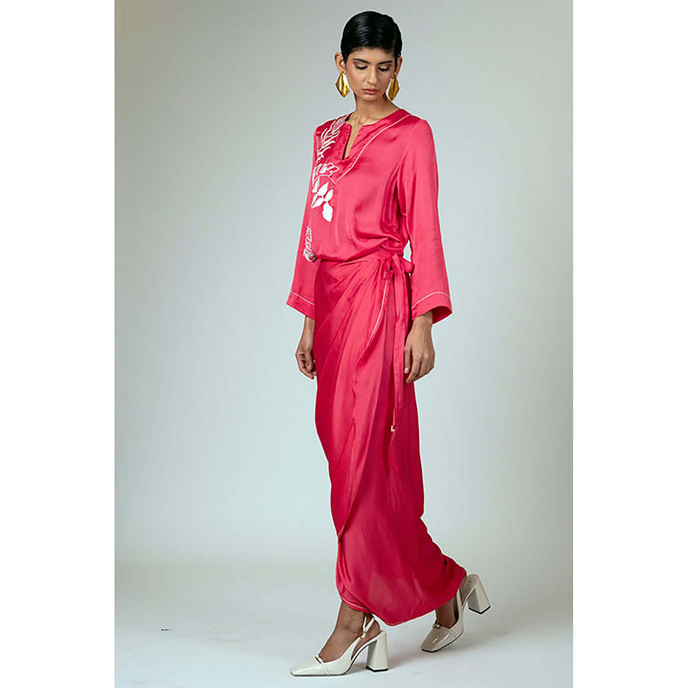MADDER MUCH Pink Satin V-Neck Embroidered Maxi Dress