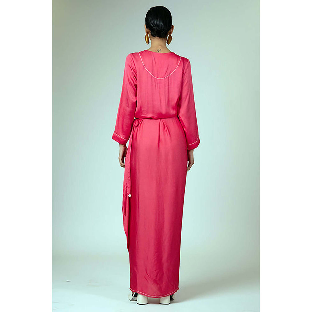 MADDER MUCH Pink Satin V-Neck Embroidered Maxi Dress