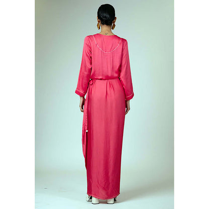 MADDER MUCH Pink Satin V-Neck Embroidered Maxi Dress