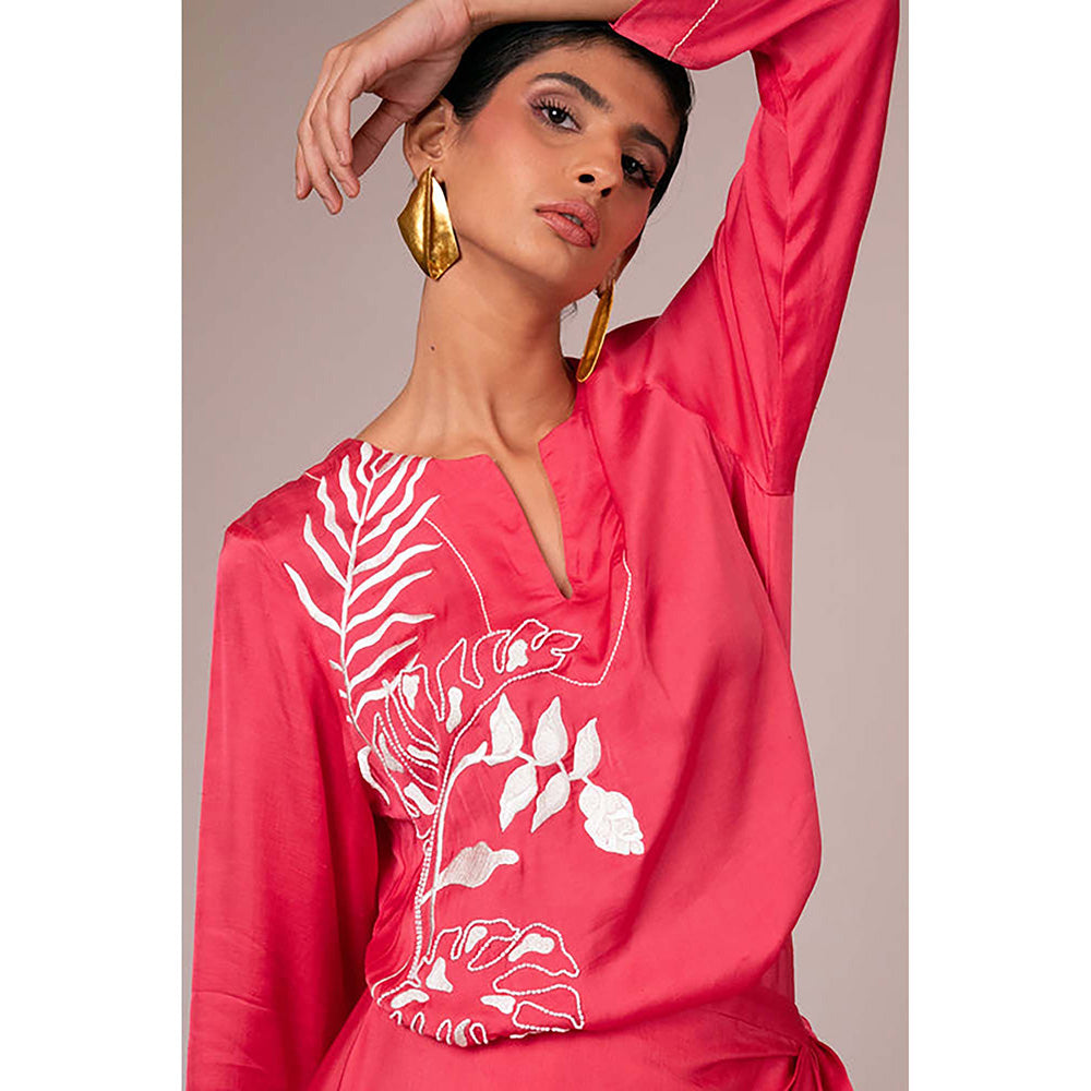 MADDER MUCH Pink Satin V-Neck Embroidered Maxi Dress