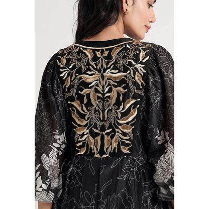 MADDER MUCH Black Cotton Round Neck Floral Knee Length Dress