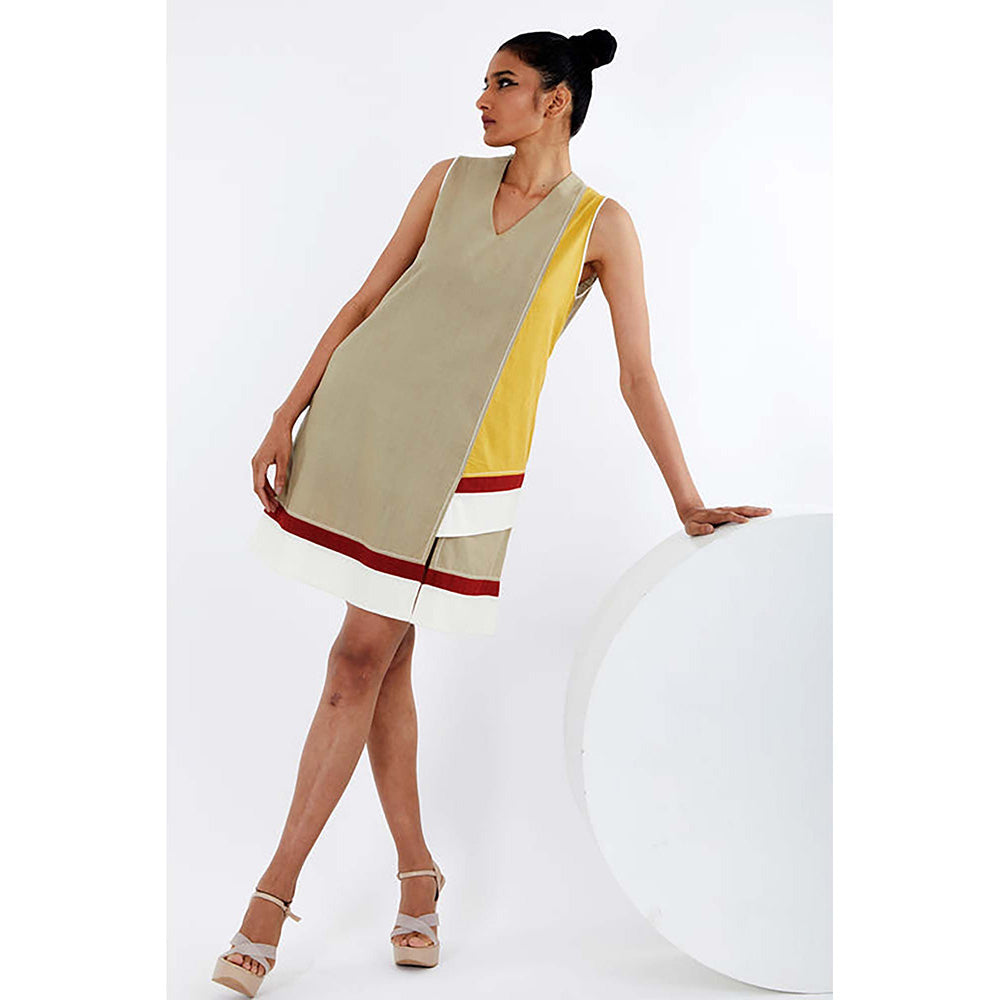 MADDER MUCH Beige Cotton V-Neck Colorblock A-Line Mini Dress