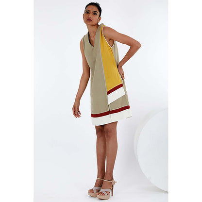 MADDER MUCH Beige Cotton V-Neck Colorblock A-Line Mini Dress