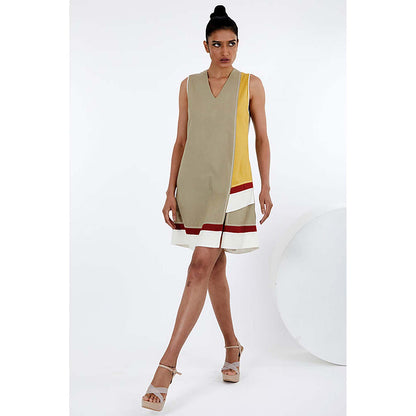 MADDER MUCH Beige Cotton V-Neck Colorblock A-Line Mini Dress