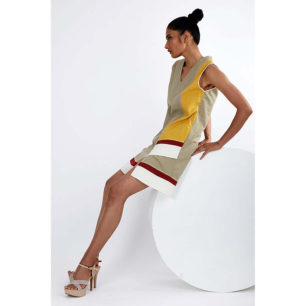 MADDER MUCH Beige Cotton V-Neck Colorblock A-Line Mini Dress
