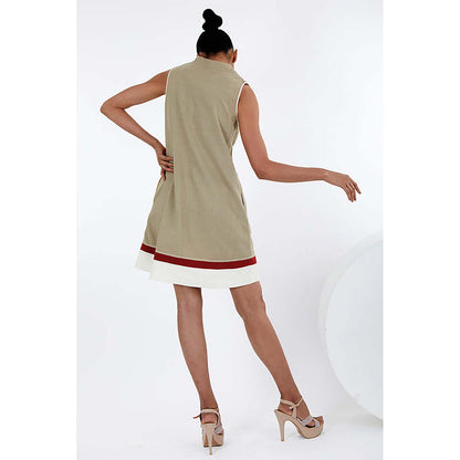 MADDER MUCH Beige Cotton V-Neck Colorblock A-Line Mini Dress