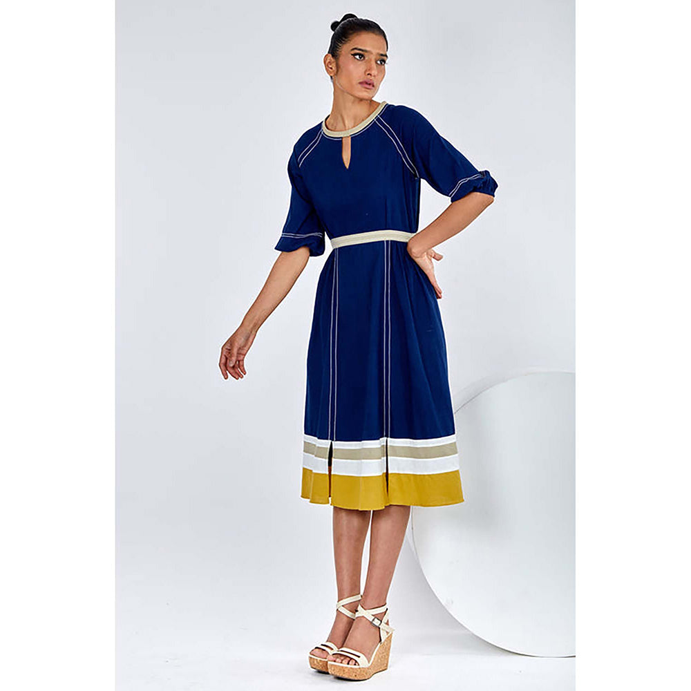 MADDER MUCH Navy Blue Cotton Keyhole Neck Solid A-Line Midi Dress
